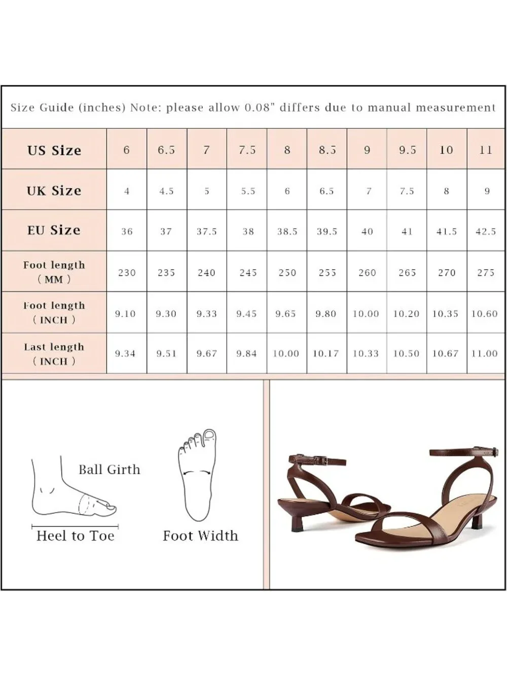Women's Brown Faux Leather Square Open Toe Ankle Strap Kitten Heel Sandals